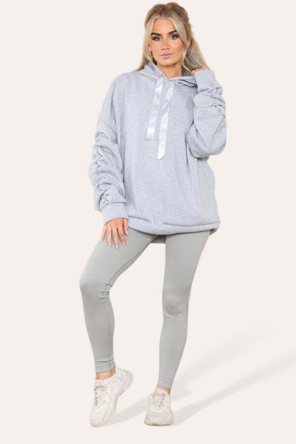 Oversized Ruched Sleeves Hoodie With Satin Ribbon With High Waist High Rise Seamless Ribbed Legging Set - Image 6