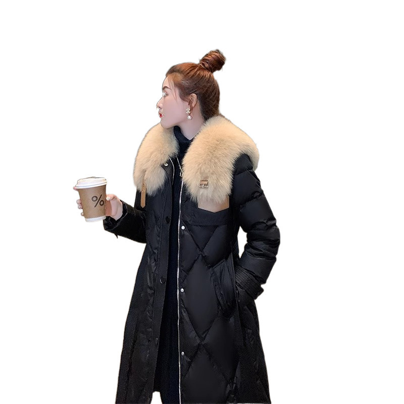White Duck Slim Fit Down Jacket Women Overknee Mid-length Big Fur Collar Coat - Image 2