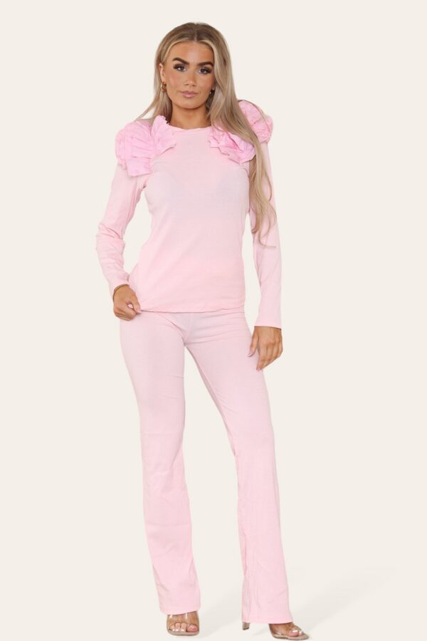 Ruffle Frill Shoulder Ribbed Loungewear Co-Ord Top & Trouser Set - Image 2