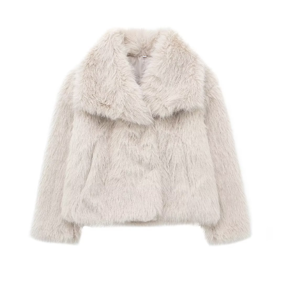 Women's Lapel Long Sleeve Faux Fur Snap Cardigan Loose Short Coat - Image 6