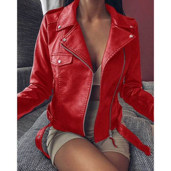 Plus Size Women's Short Coat PU Motorcycle Clothing Slim Winter Leather Jacket - Image 7