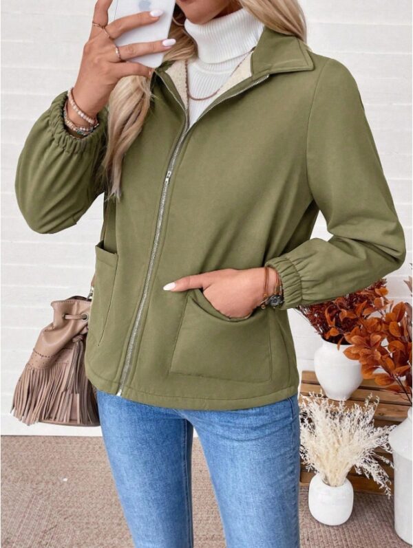 Casual Solid Color Zipper Fleece Jacket, Autumn Winter - Image 3