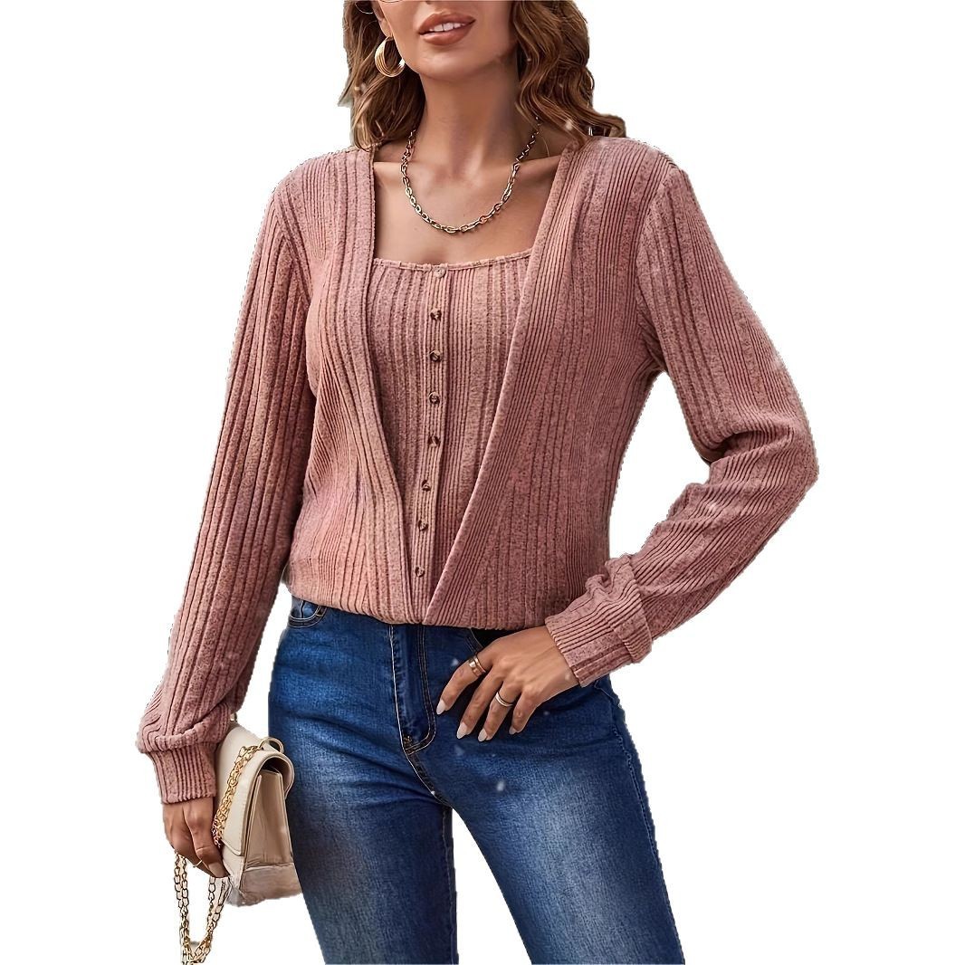 Button Loose Long Sleeve Solid Color Knitted T-shirt - Image 2