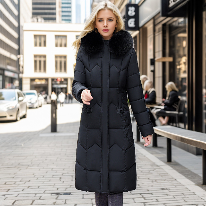 Winter Long Coat With Thickened Fur Collar Straight Slim Cotton-padded Jacket Women - Image 9