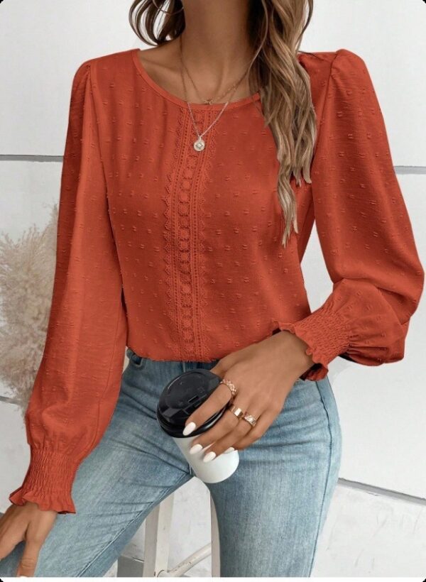 Women's Ruffled Pleated Long Sleeve Round Collar Top Shirt - Image 9