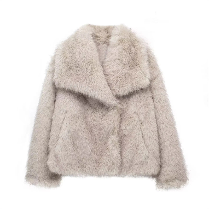 Women's Lapel Long Sleeve Faux Fur Snap Cardigan Loose Short Coat - Image 4