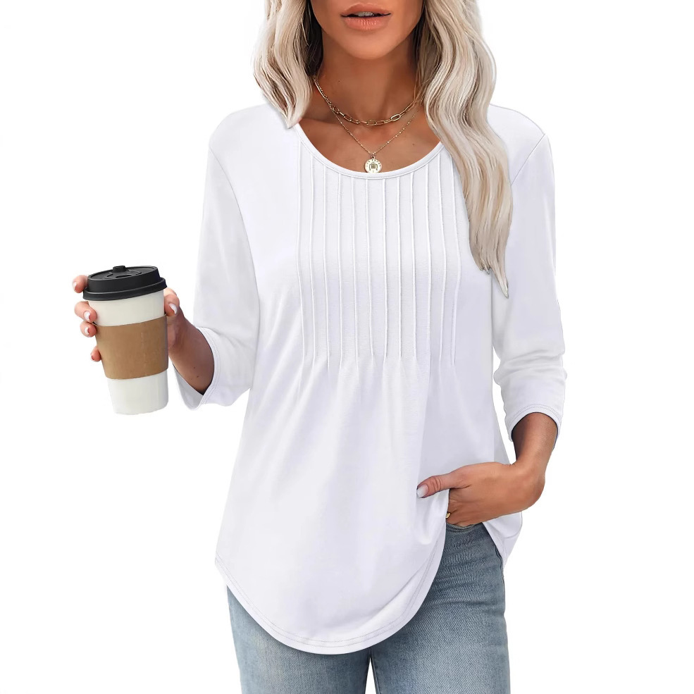 Women's Long Sleeve Top Fashion Casual Pleated Low Round Neck - Image 3