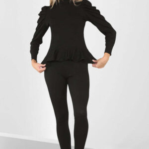 Puff Sleeves Set Frill Hem Peplum Ribbed Lounge Wear Suit
