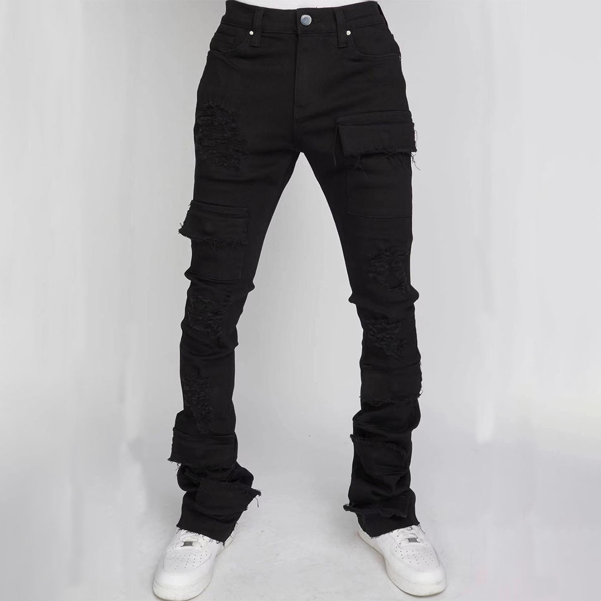 Men's Denim Straight-leg Overalls European And American Fashion Stretch Ripped Laminated Micro-pull Pants - Image 3
