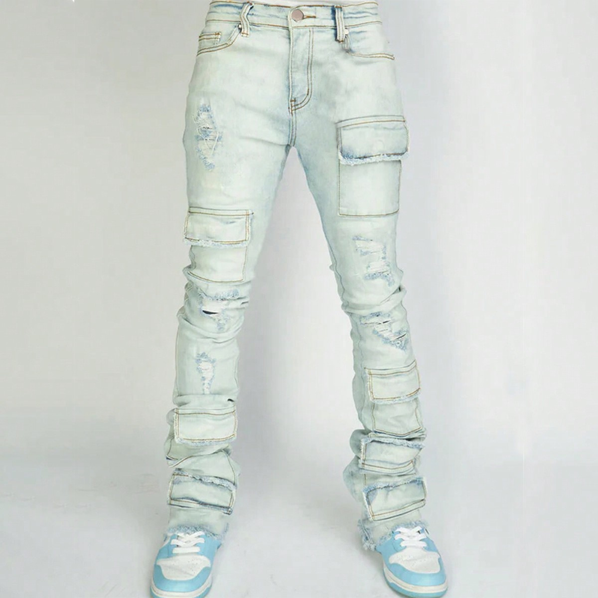 Men's Denim Straight-leg Overalls European And American Fashion Stretch Ripped Laminated Micro-pull Pants - Image 5