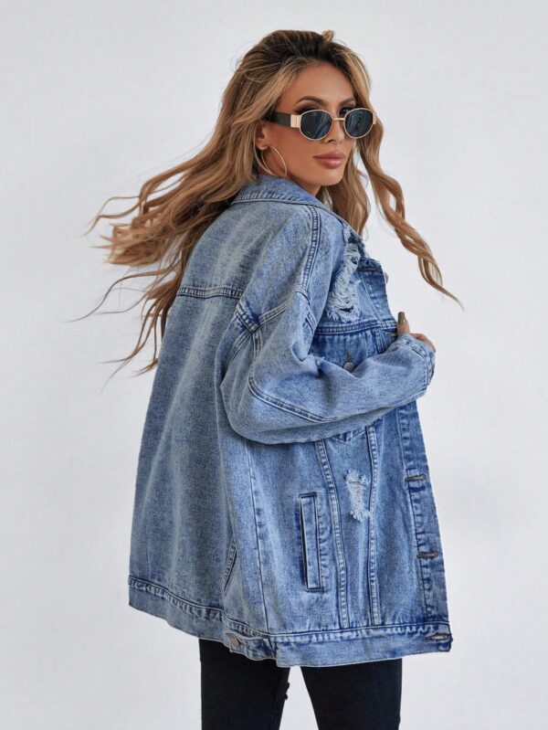 Button Blue Front Flap Pocket Drop Shoulder Denim Jacket - Image 5