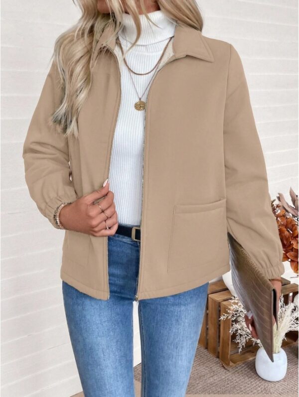 Casual Solid Color Zipper Fleece Jacket, Autumn Winter - Image 5