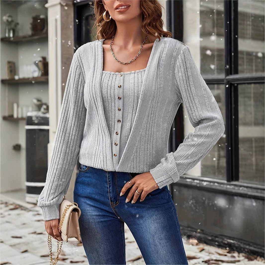 Button Loose Long Sleeve Solid Color Knitted T-shirt - Image 9