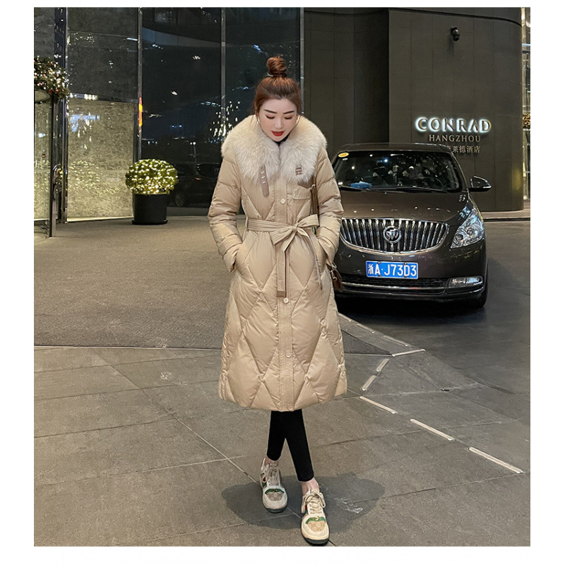 White Duck Slim Fit Down Jacket Women Overknee Mid-length Big Fur Collar Coat - Image 4