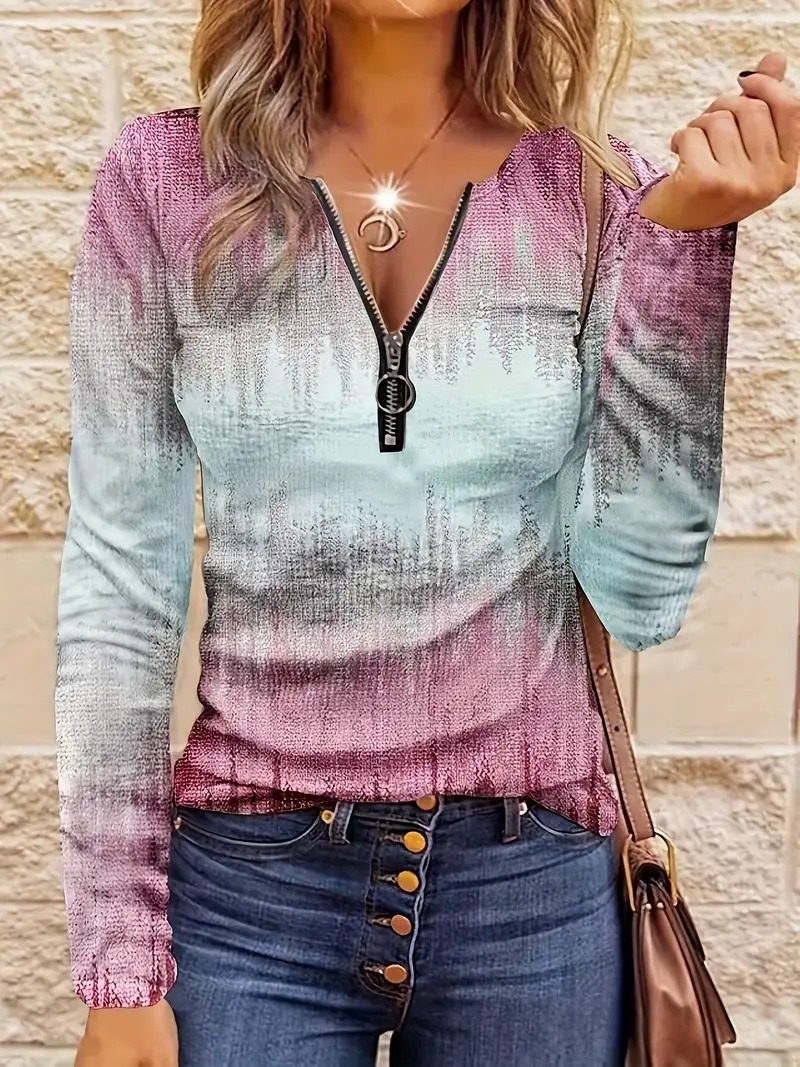 Women's Casual Loose Contrast Striped Half Zipper Top - Image 7