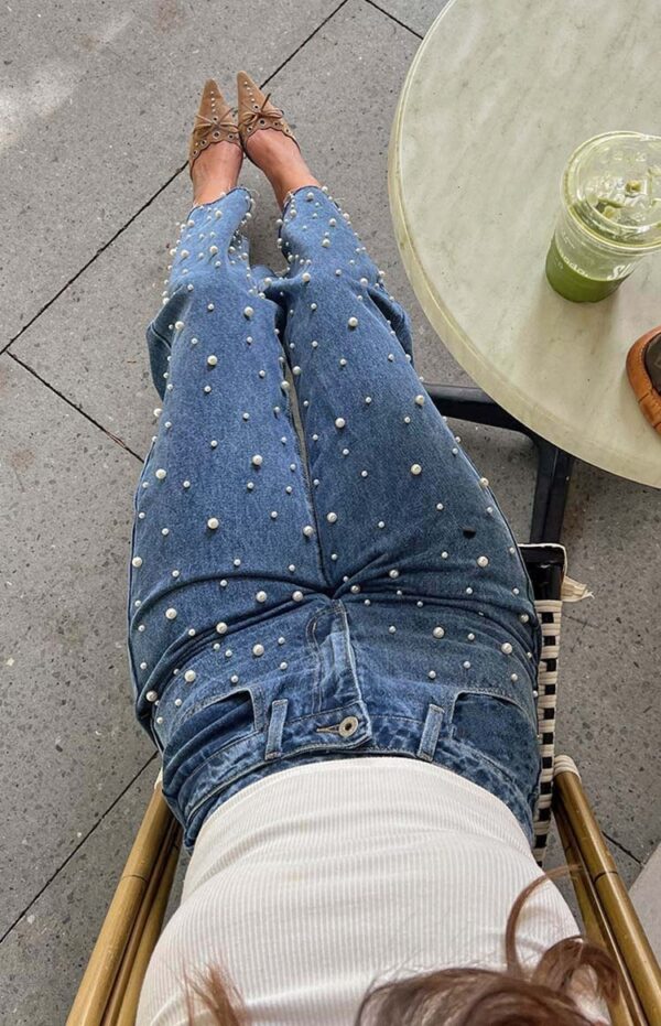Oblique Waist Cross Beaded Straight-leg Frayed Hem Jeans - Image 6