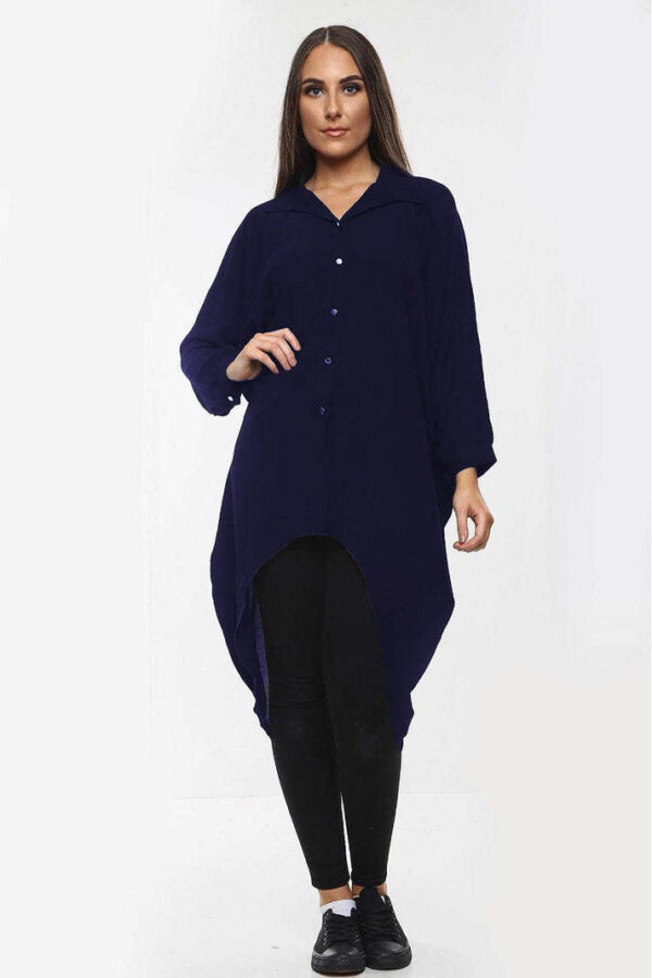 High-Low Oversized Button Long Top Shirt Dress With Hem And Long Sleeves - Image 5