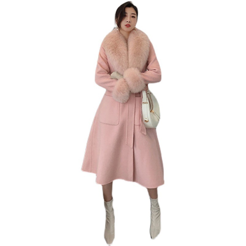 Korean Version Large Fur Collar Slim Fit Medium Long Woolen Coat - Image 2