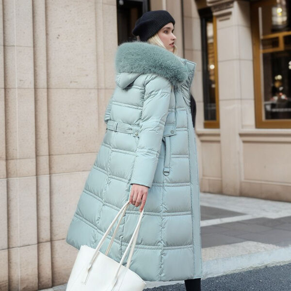 Winter Slim Long Jacket With Fur Hood And Belt Fashion Solid Hooded Coat Warm Clothing For Women - Image 5