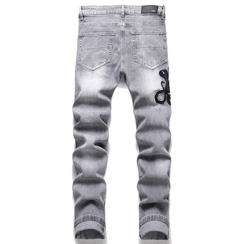 Fashion Gray Hole Patch Embroidery Cobra Stretch Feet Men's Jeans - Image 2