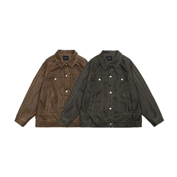 American Retro Distressed Lapel PU Leather For Men And Women Biker's Leather Jacket - Image 5