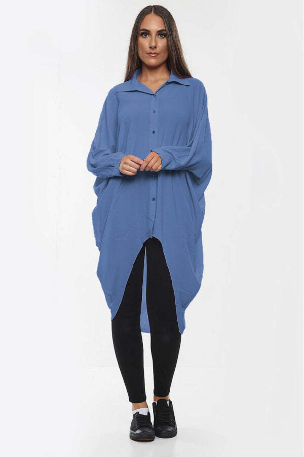 High-Low Oversized Button Long Top Shirt Dress With Hem And Long Sleeves - Image 2