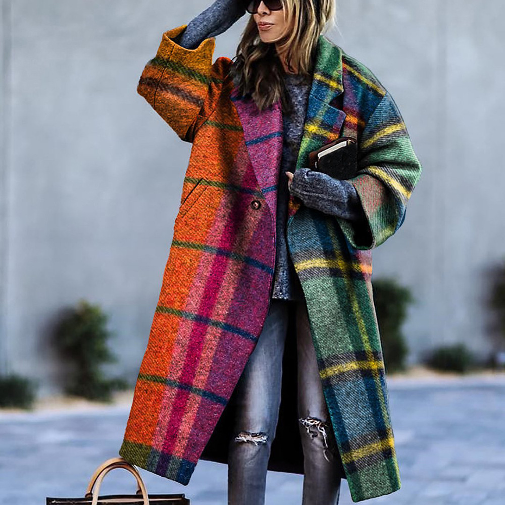 Women's Color Matching Plaid Long-sleeved Coat - Image 6