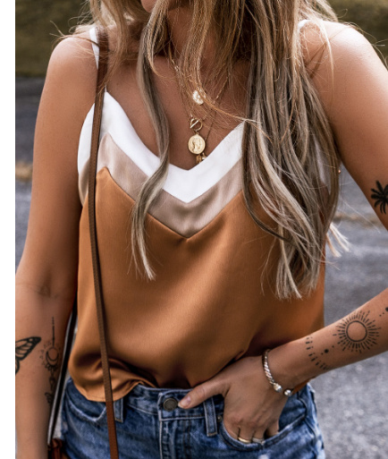 Khaki Chevron Color Block Spaghetti Straps Tank Top - Image 2