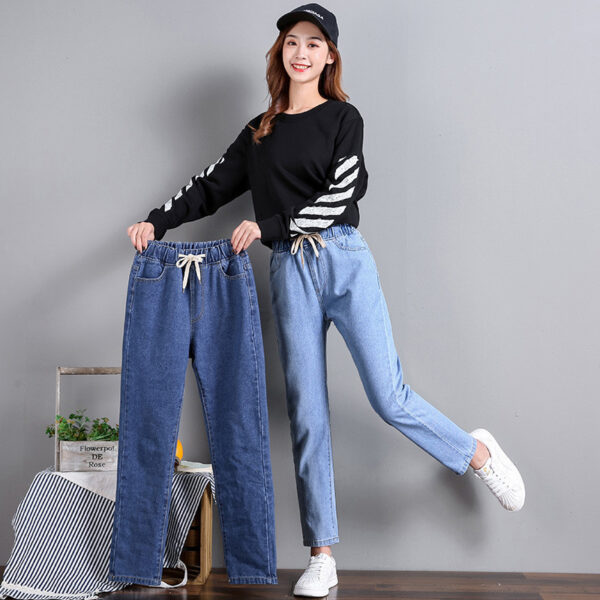 Korean Style Women's Straight Casual Elastic Waist Tied High Waist Student Jeans - Image 4