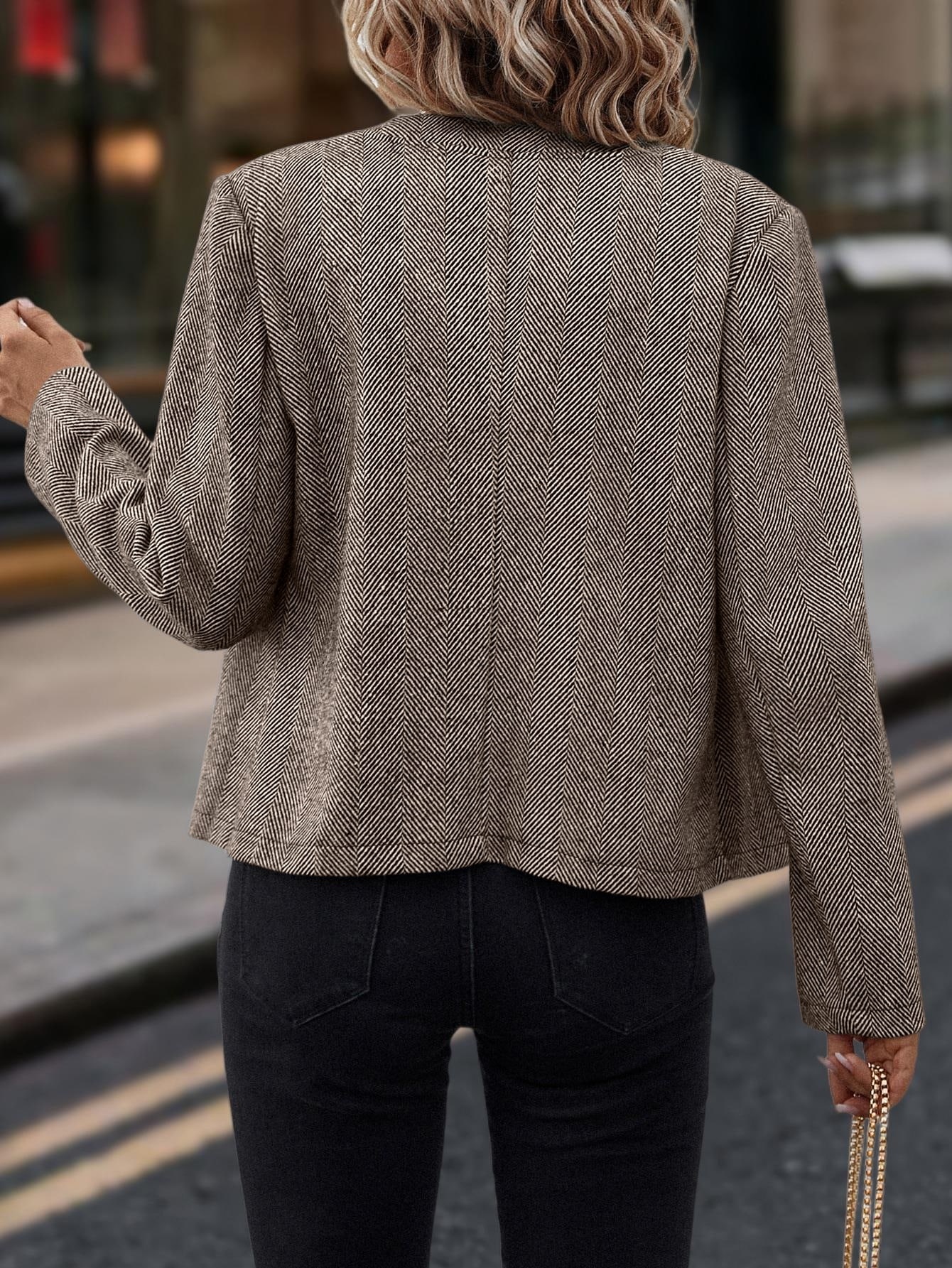 Spring And Autumn Leisure, Commuting Outfit, Herringbone Coat, Round Neck Long Sleeve Fitted Jacket, Double-breasted Metal Buttons. - Image 2