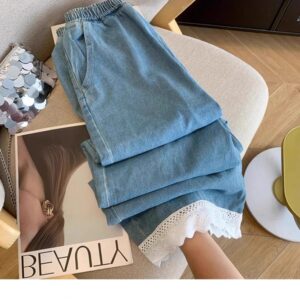 Sweet Style Elastic Waist Splicing Lace Lace Hollow Denim Nine-point Pants For Women