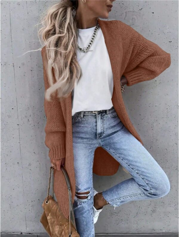 Women Solid Color Long Sleeve Casual Open Front Knit Cardigan - Image 3