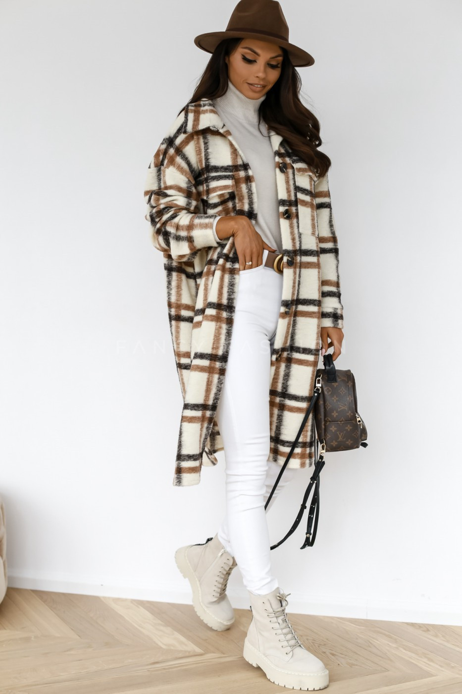 Button Lapel Casual Warm Plaid Long Woolen Coat - Image 8