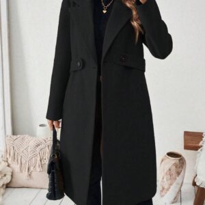 Flat Collar Solid Color Pocket With Belt Long Sleeve Autumn Winter Coat Jacket
