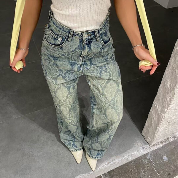 Women's American Style Spliced Snake Pattern Straight Leg Jeans - Image 2