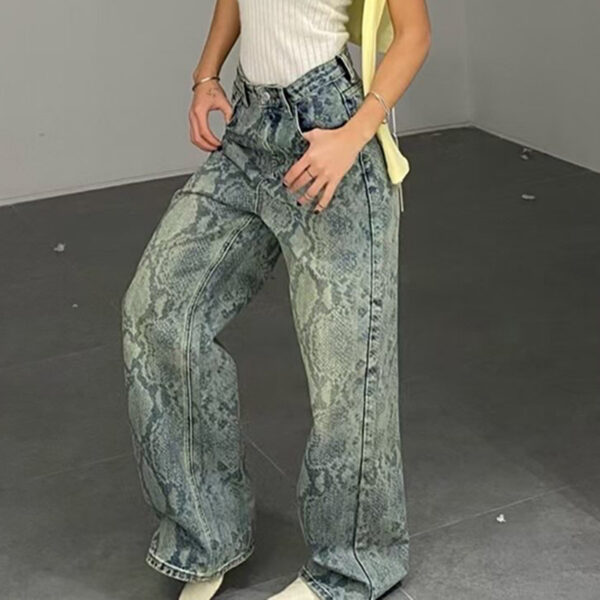 Women's American Style Spliced Snake Pattern Straight Leg Jeans - Image 4