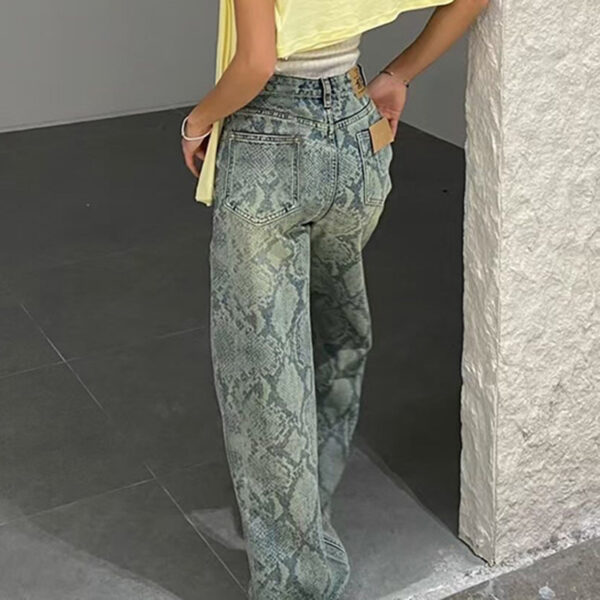Women's American Style Spliced Snake Pattern Straight Leg Jeans - Image 5