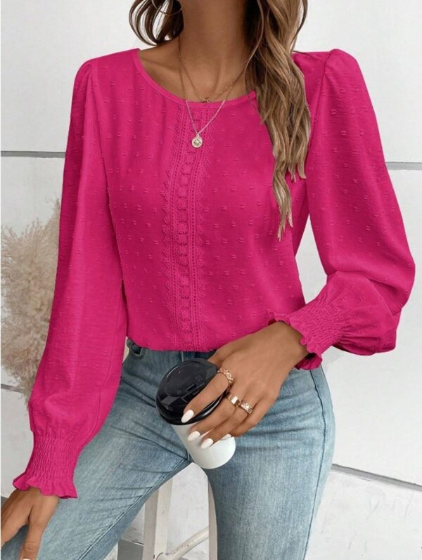 Women's Ruffled Pleated Long Sleeve Round Collar Top Shirt - Image 3