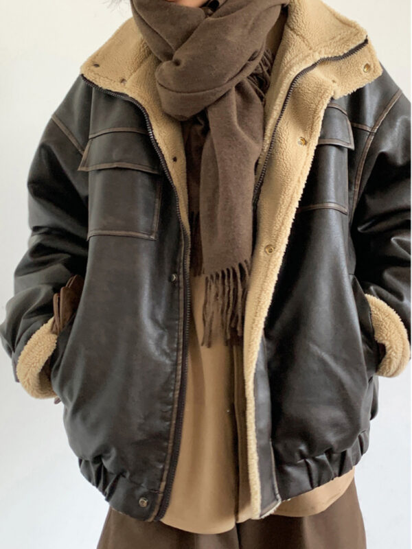 Retro Neutral Maillard Lamb Fur Coat Loose Leather Jacket Coat - Image 6