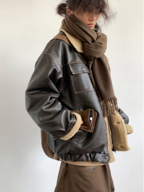 Retro Neutral Maillard Lamb Fur Coat Loose Leather Jacket Coat - Image 10