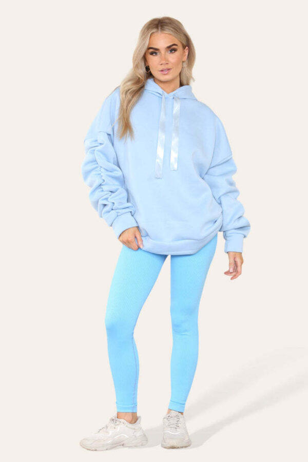 Oversized Ruched Sleeves Hoodie With Satin Ribbon With High Waist High Rise Seamless Ribbed Legging Set - Image 8
