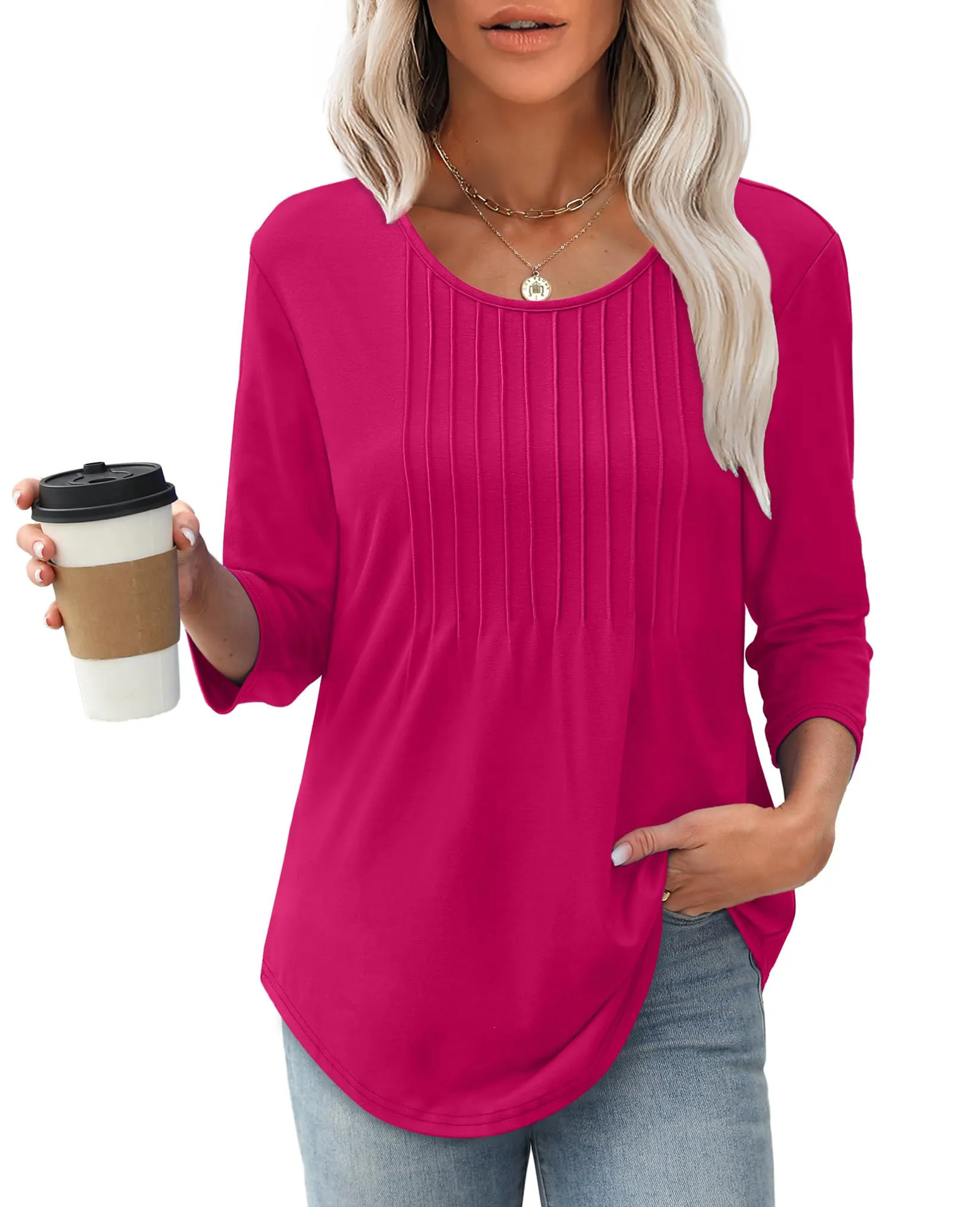 Women's Long Sleeve Top Fashion Casual Pleated Low Round Neck - Image 7