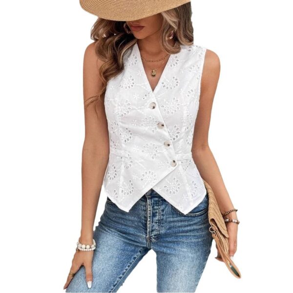 Solid Color And V-neck Button Cardigan Vest Temperament Crochet - Image 4