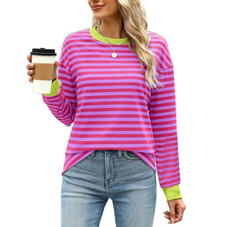Fashion Color Contrast Loose Round Neck Striped Long Sleeve - Image 4
