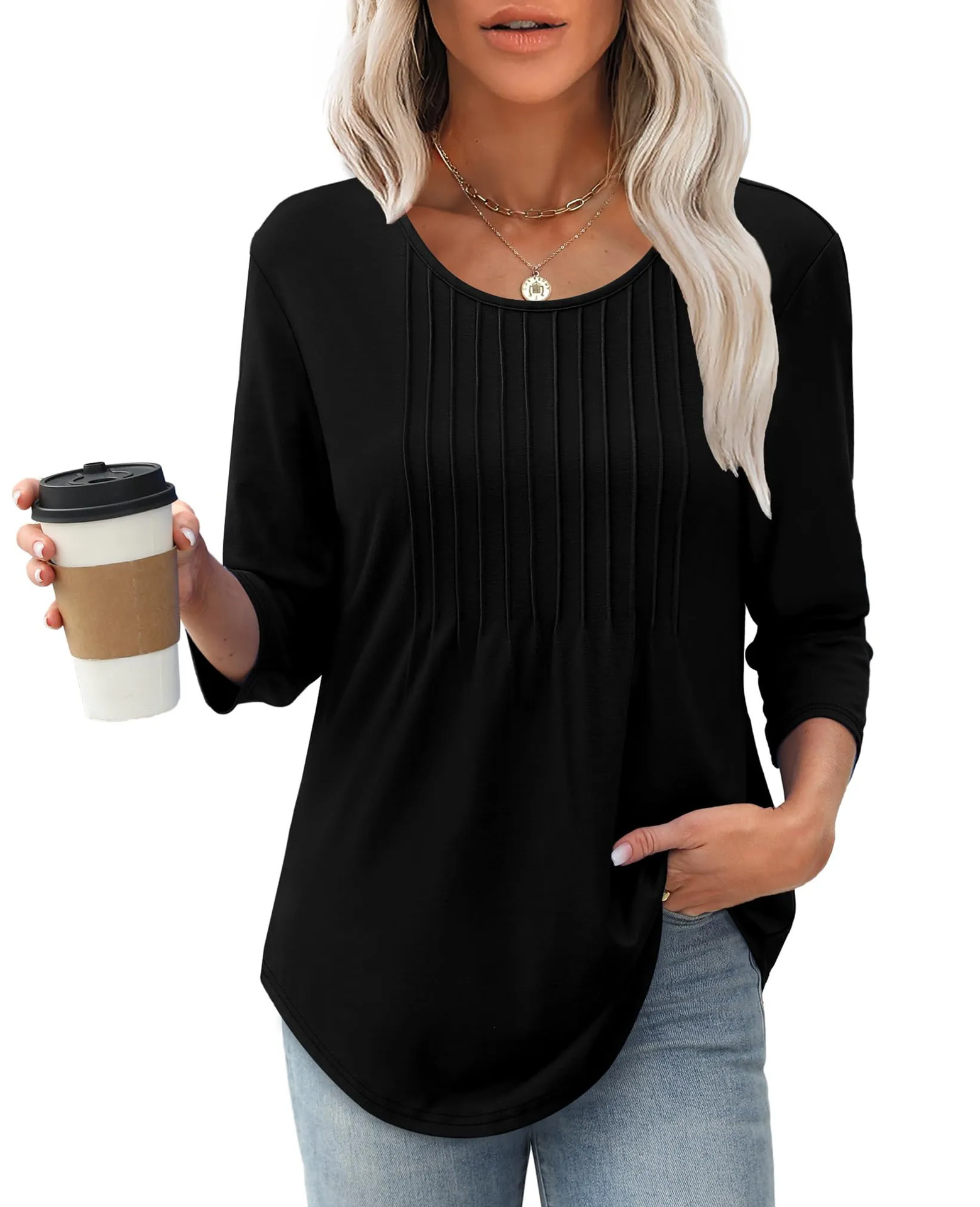 Women's Long Sleeve Top Fashion Casual Pleated Low Round Neck - Image 8