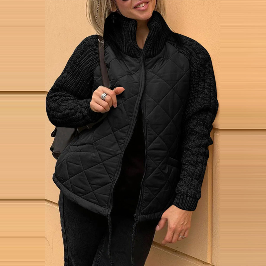 Winter Stand Collar Cotton Jacket With Pockets Fashion Knitted Stitching Zipper Coat Warm Tops For Women Clothing - Image 7