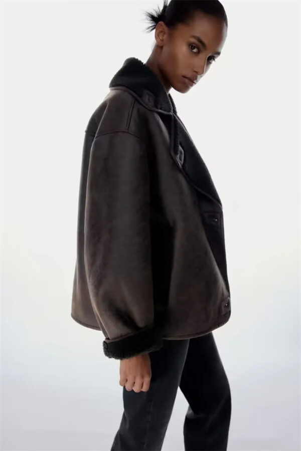 Faux Leather Double-sided Jacket European And American Locomotive Long Breasted Coat - Image 9