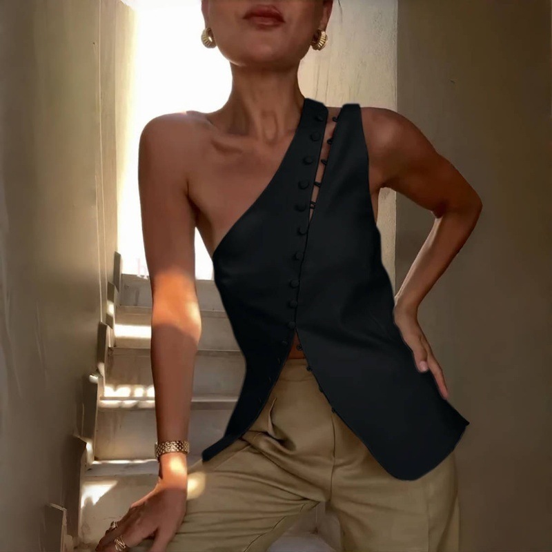 Summer New European And American One-shoulder White Vest Button Off-shoulder - Image 5