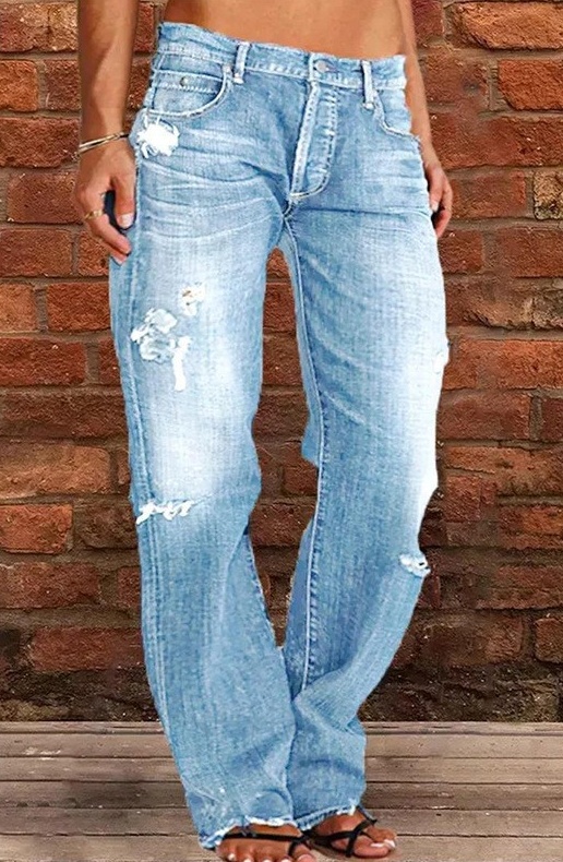 Women Men Denim Pants Casual Ripped Loose Straight Leg Jeans Trousers - Image 2