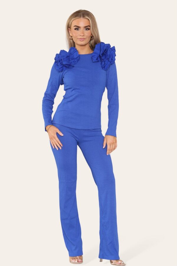 Ruffle Frill Shoulder Ribbed Loungewear Co-Ord Top & Trouser Set - Image 6